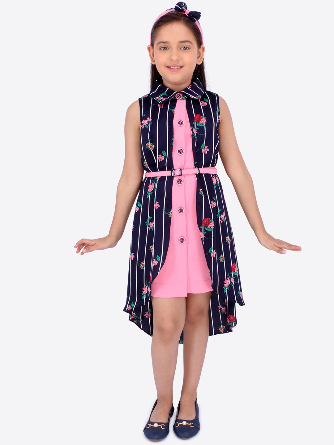 

CUTECUMBER Girls Navy Blue & Pink Printed Shirt Dress
