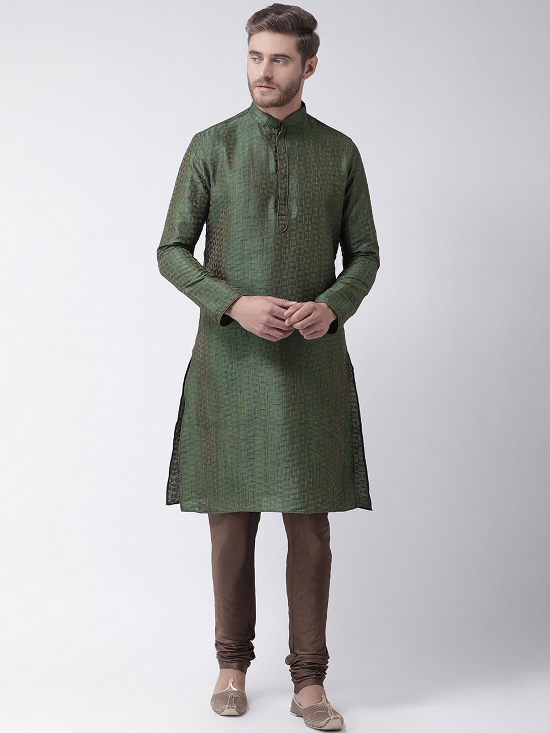 

DEYANN Men Green & Brown Self Design Kurta with Churidar