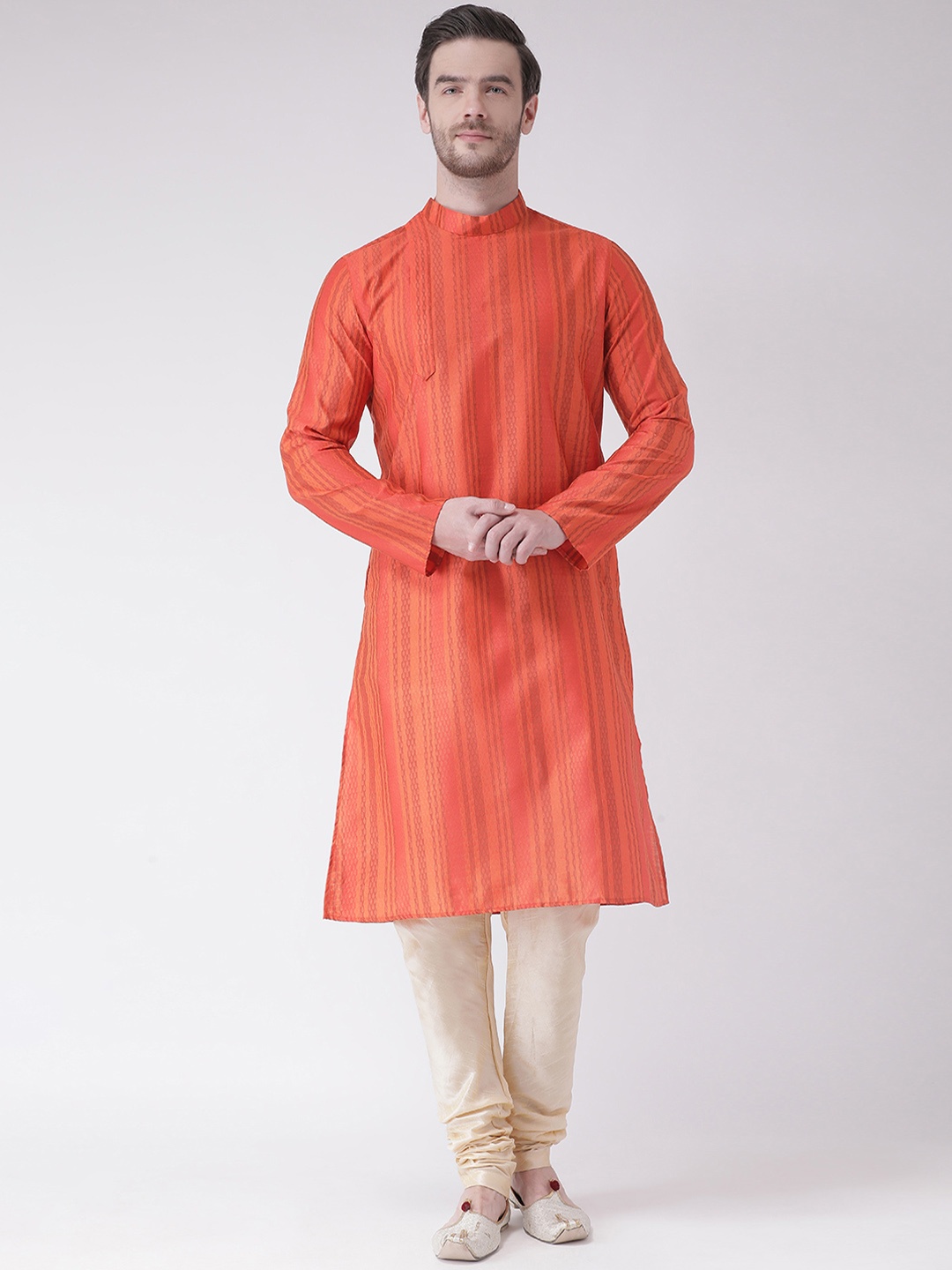 

DEYANN Men Orange & Cream-Coloured Self Design Kurta with Churidar