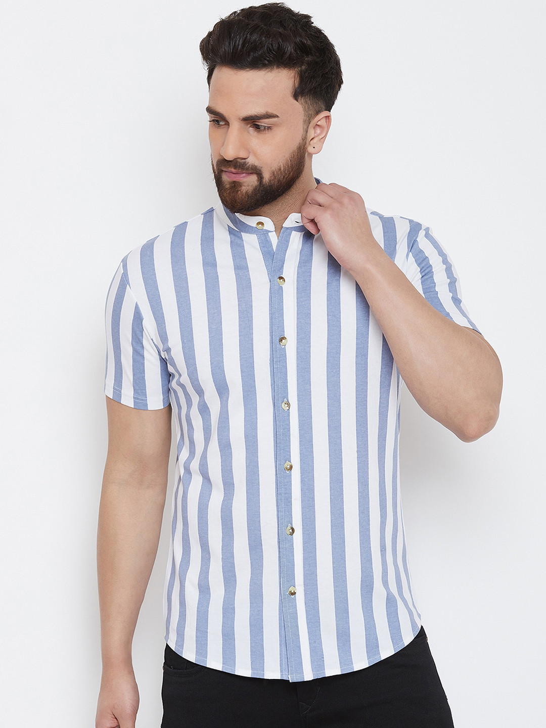 

GRITSTONES Men White & Grey Regular Fit Striped Casual Shirt