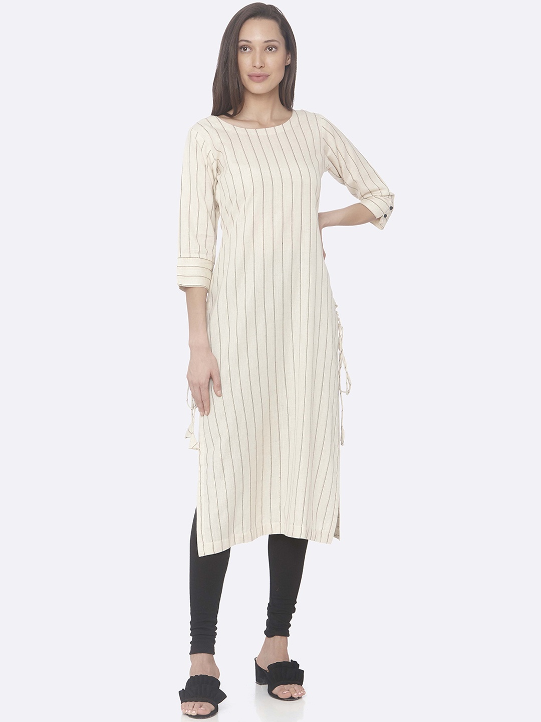 

RAISIN Women Cream-Coloured & Black Striped Straight Kurta