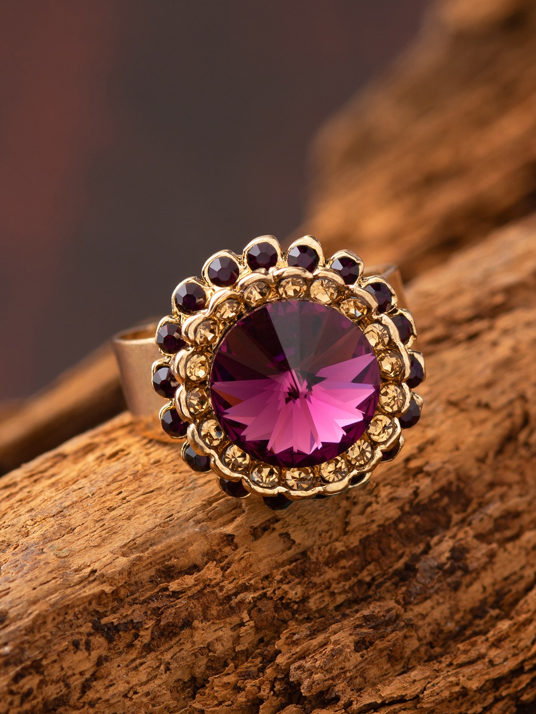 

E2O Gold-Plated & Pink Stone-Studded Adjustable Handcrafted Finger Ring