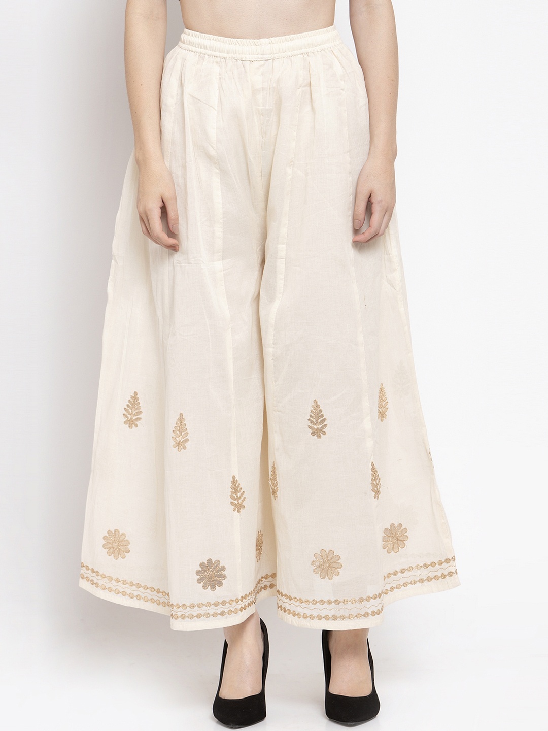 

Clora Creation Women Off-White & Golden Applique Flared Palazzos