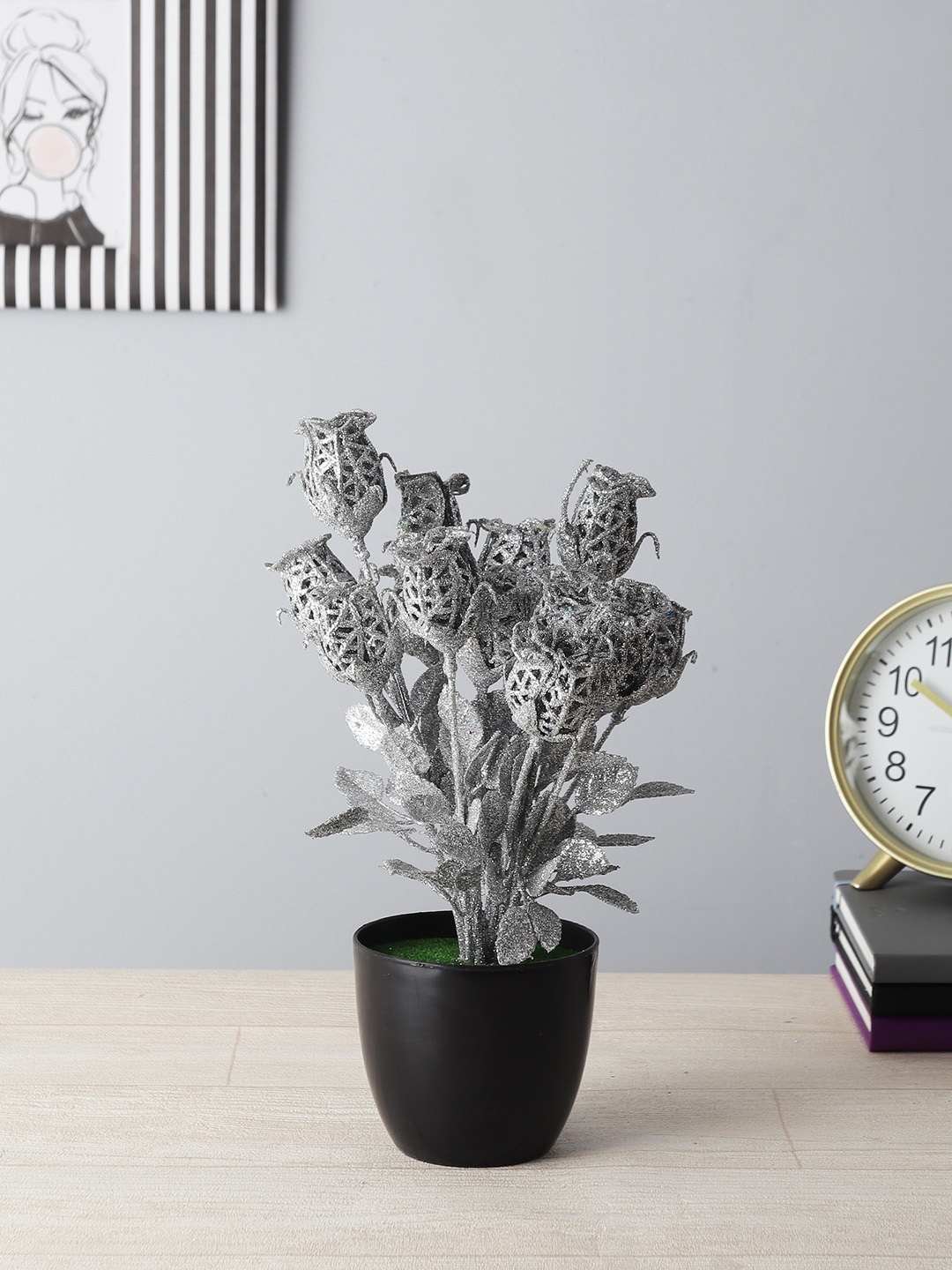

FOLIYAJ Silver-Toned Spray Painted Artificial Spiral Rose Plant With Black Pot