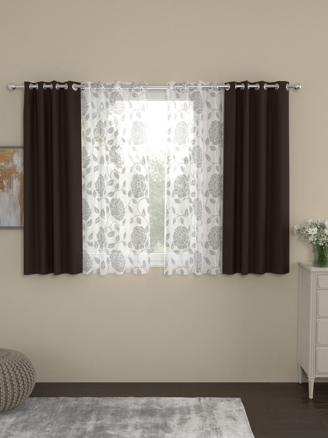 

ROSARA HOME Brown & White Set of 4 Window Curtains