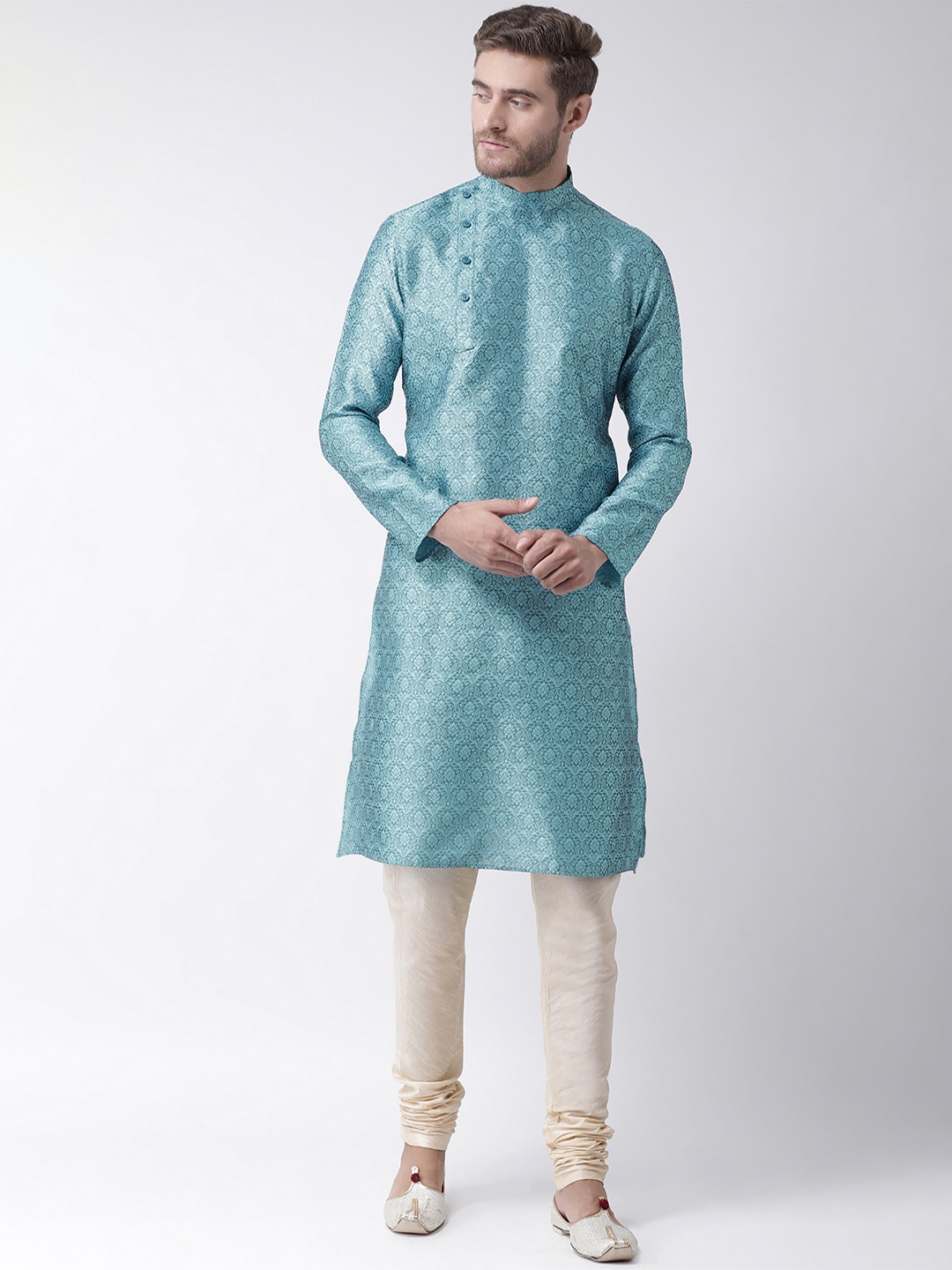 

DEYANN Men Blue & Cream-Coloured Self Design Kurta with Churidar