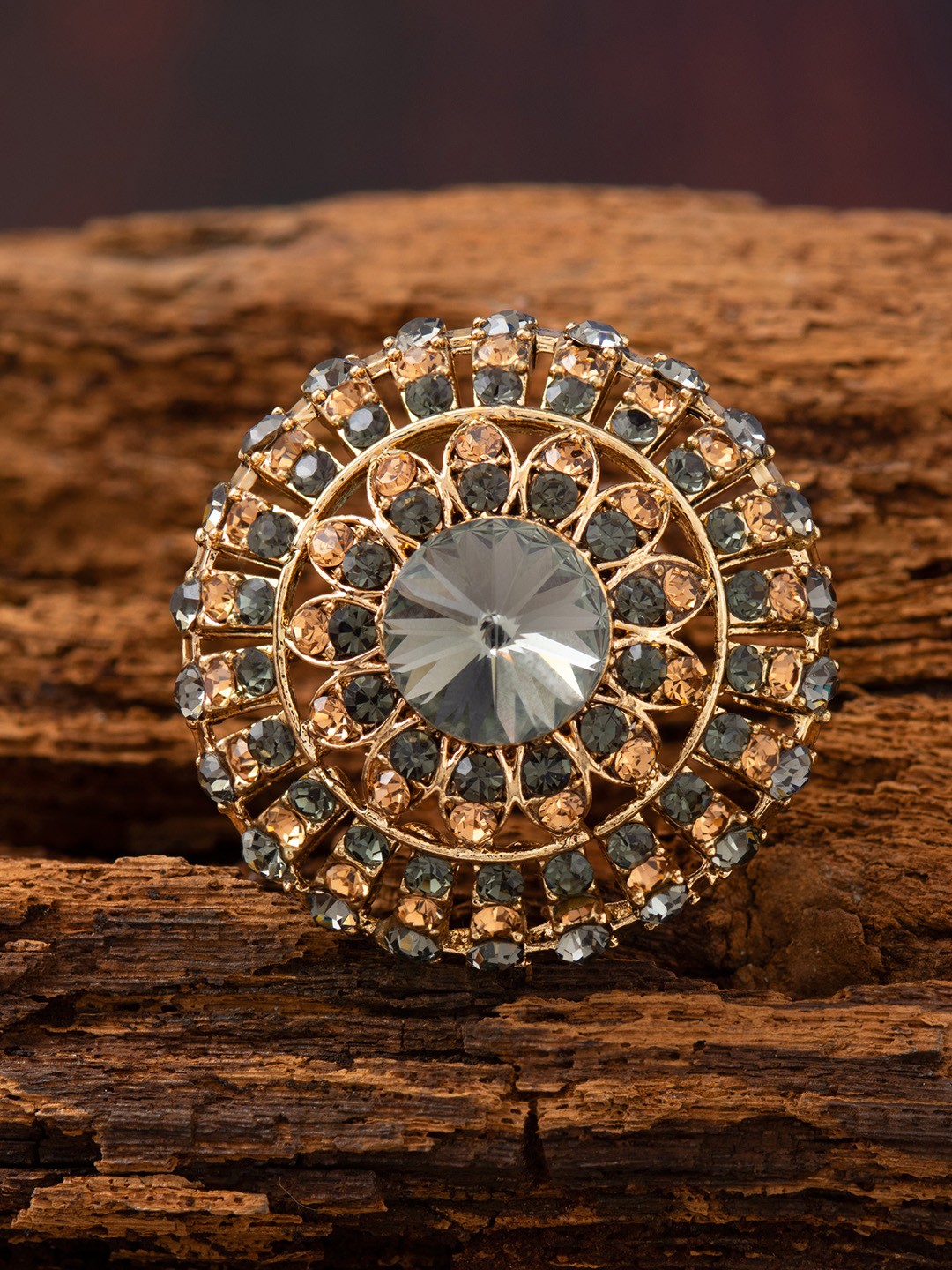 

E2O Gold-Plated & Grey Stone-Studded Adjustable Handcrafted Finger Ring