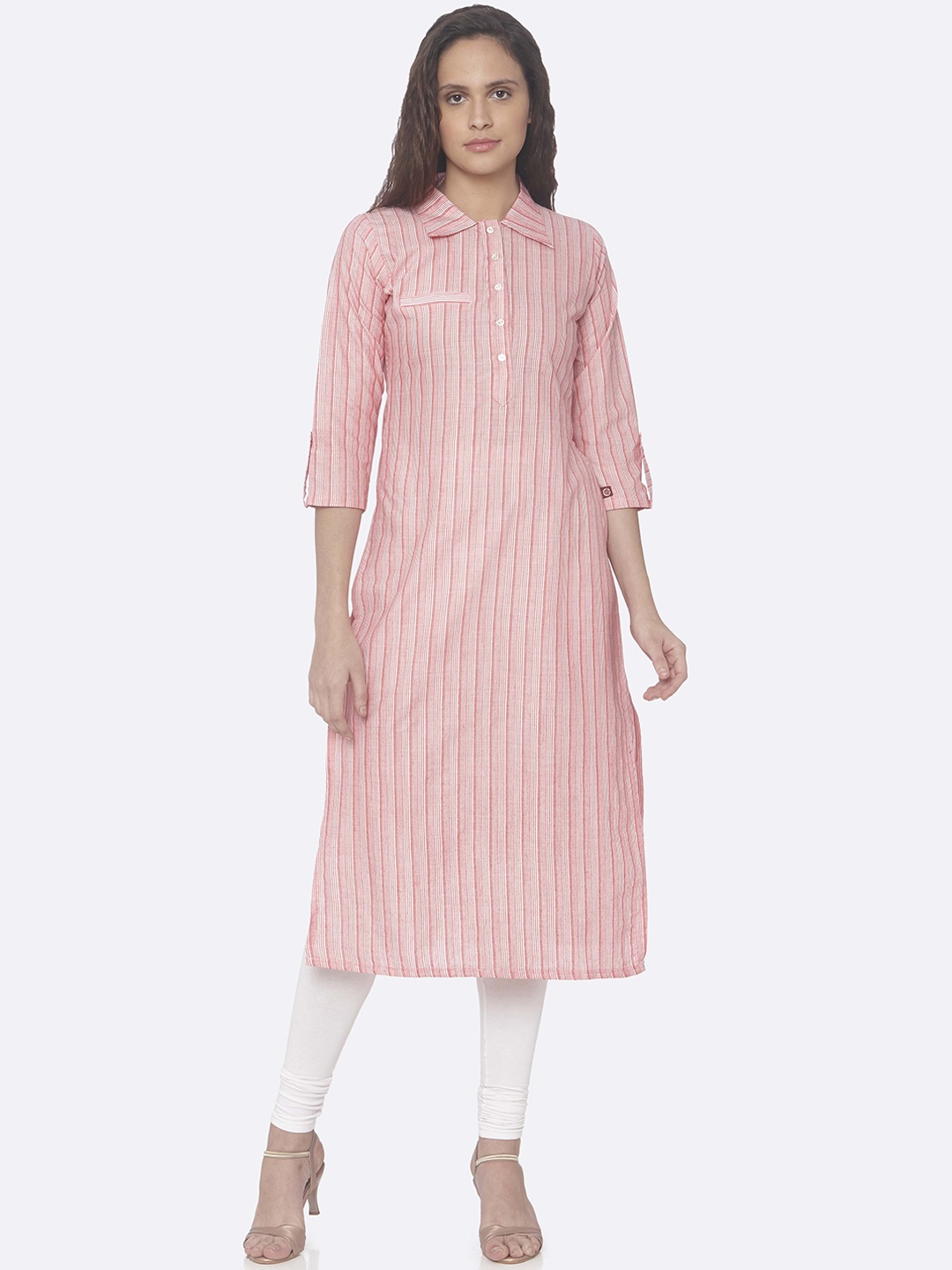 

RAISIN Women Pink & White Striped Handloom Straight Kurta