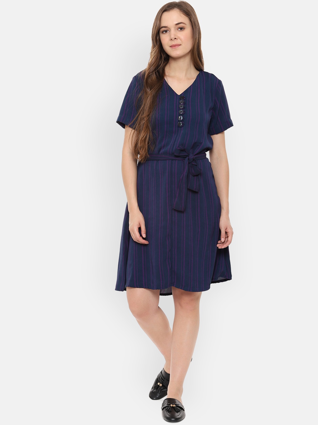 

Allen Solly Woman Women Navy Blue & Purple Striped Fit and Flare Dress