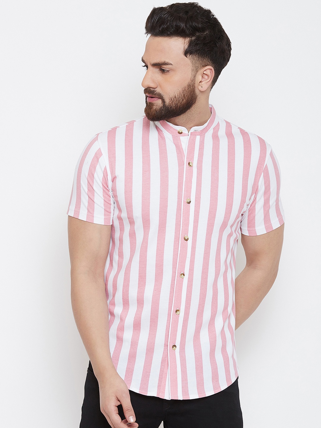 

GRITSTONES Men White & Pink Regular Fit Striped Casual Shirt
