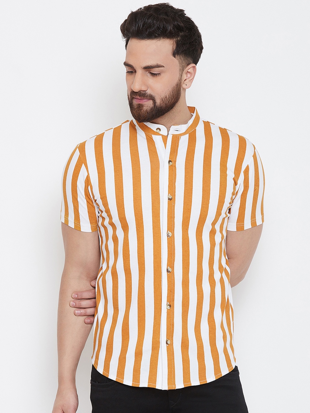 

GRITSTONES Men White & Mustard Yellow Regular Fit Striped Casual Shirt