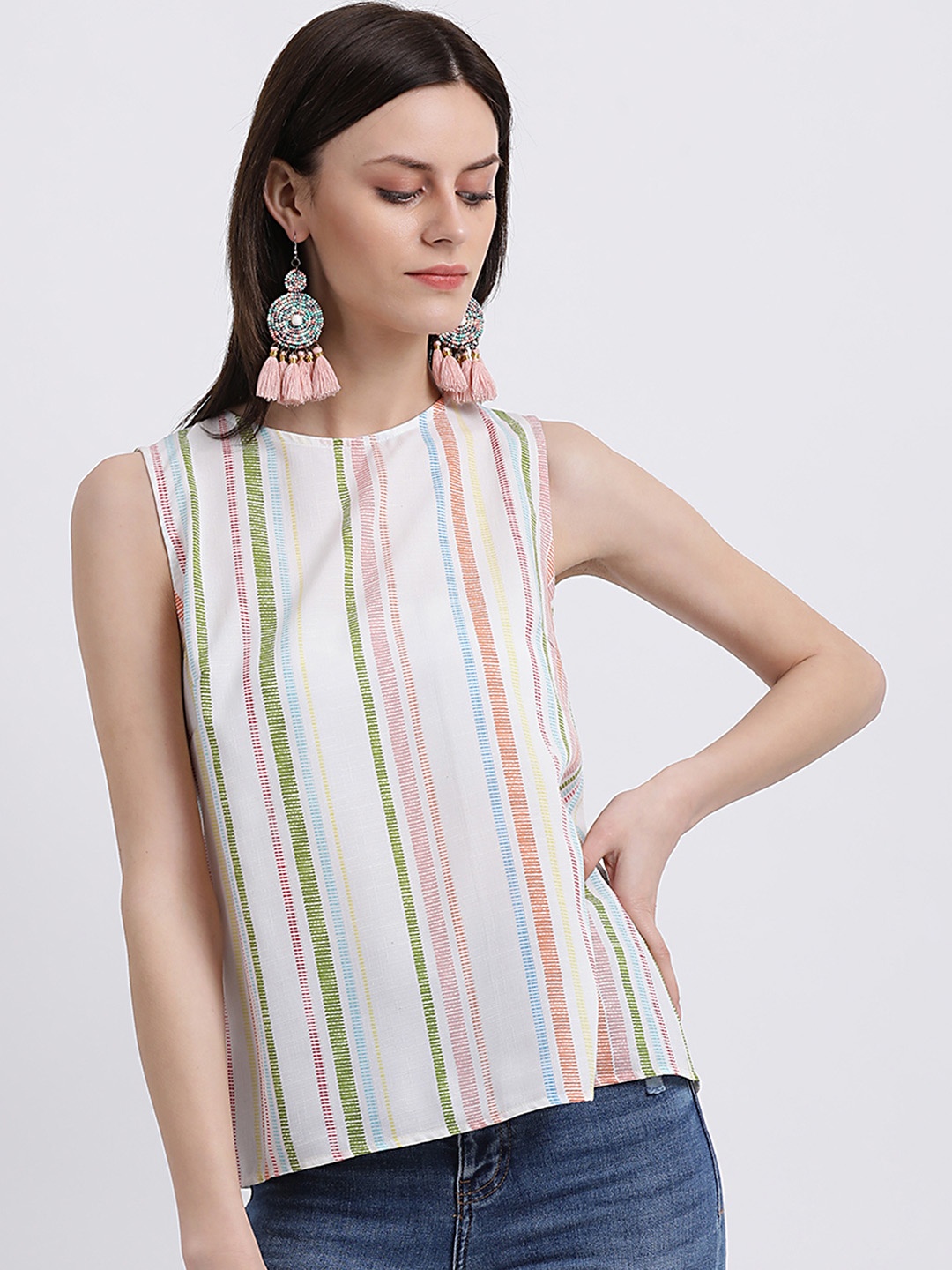 

Zink London Women White Striped A-Line Top