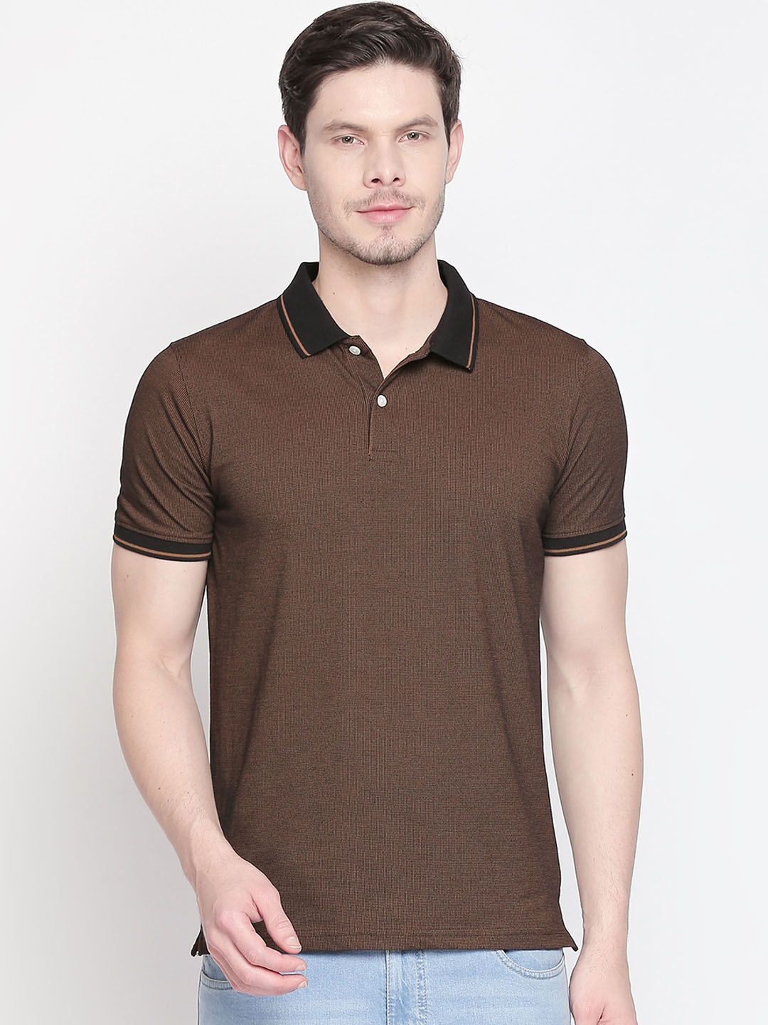 

BYFORD by Pantaloons Men Brown Self Design Polo Collar Slim Fit T-shirt