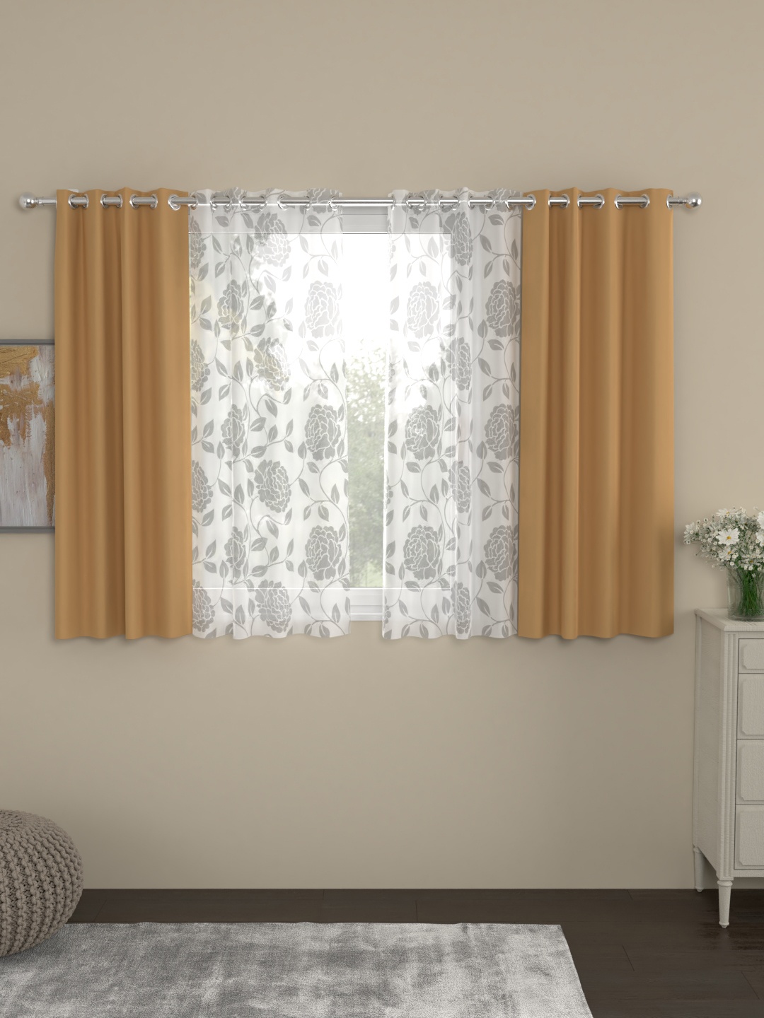 ROSARA HOME Beige & White Set of 4 Window Curtains