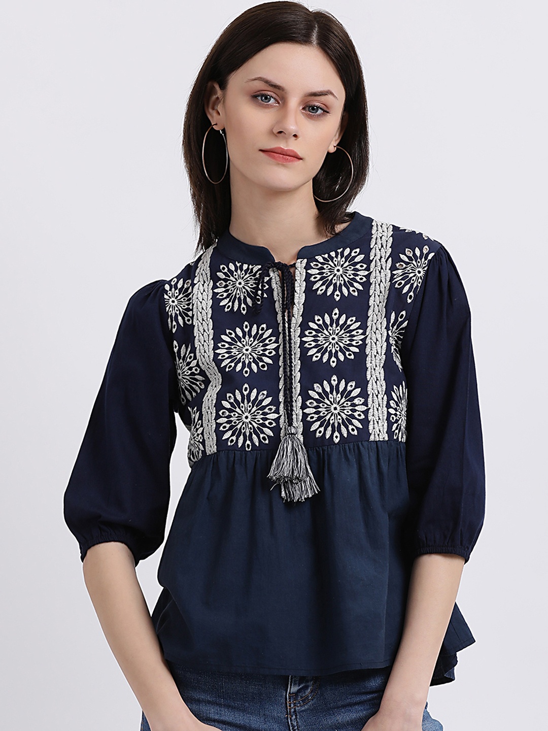 

Zink London Women Blue Embroidered Peplum Top