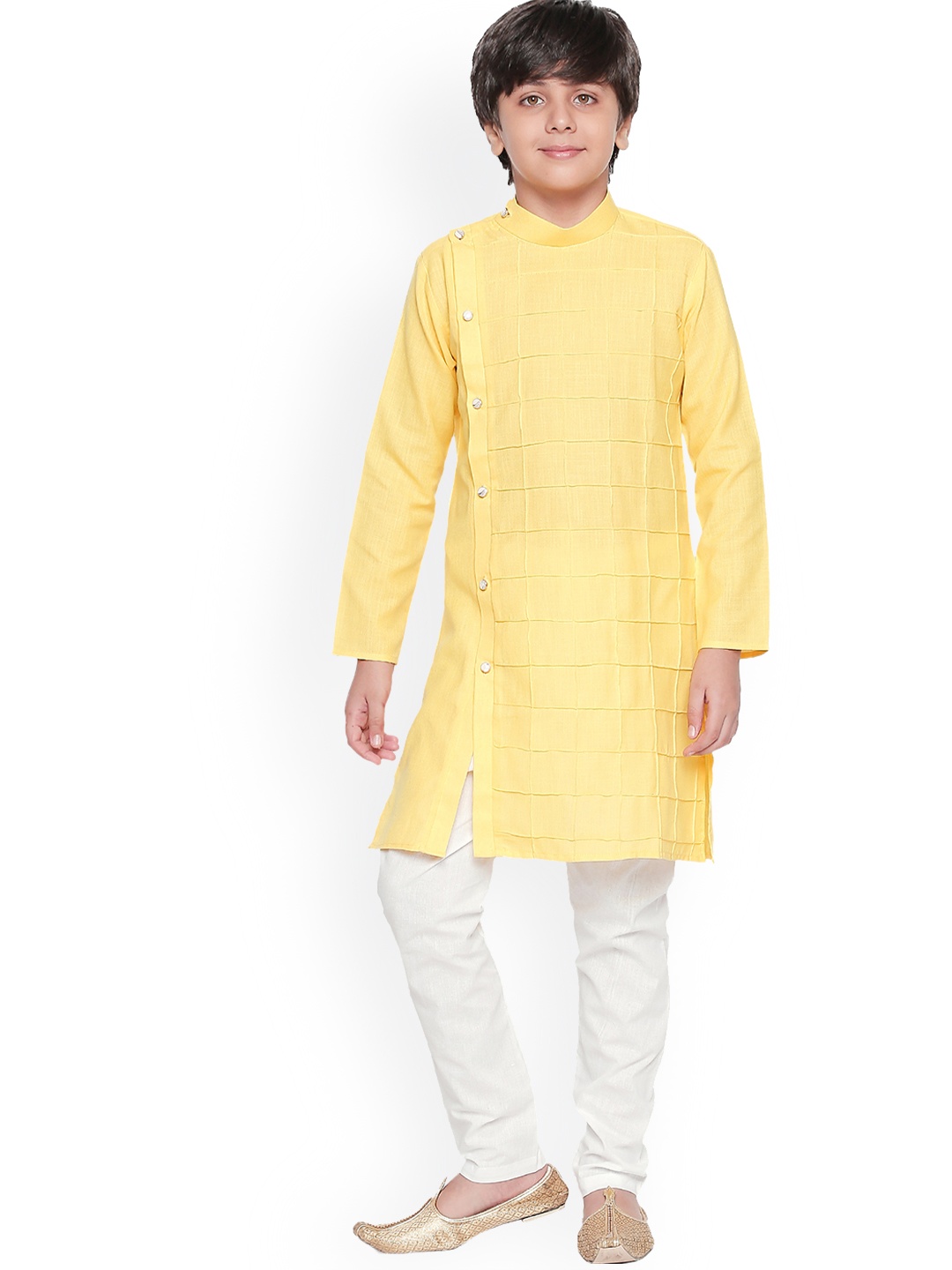 

Jeetethnics Boys Yellow & White Self Design Kurta with Pyjamas