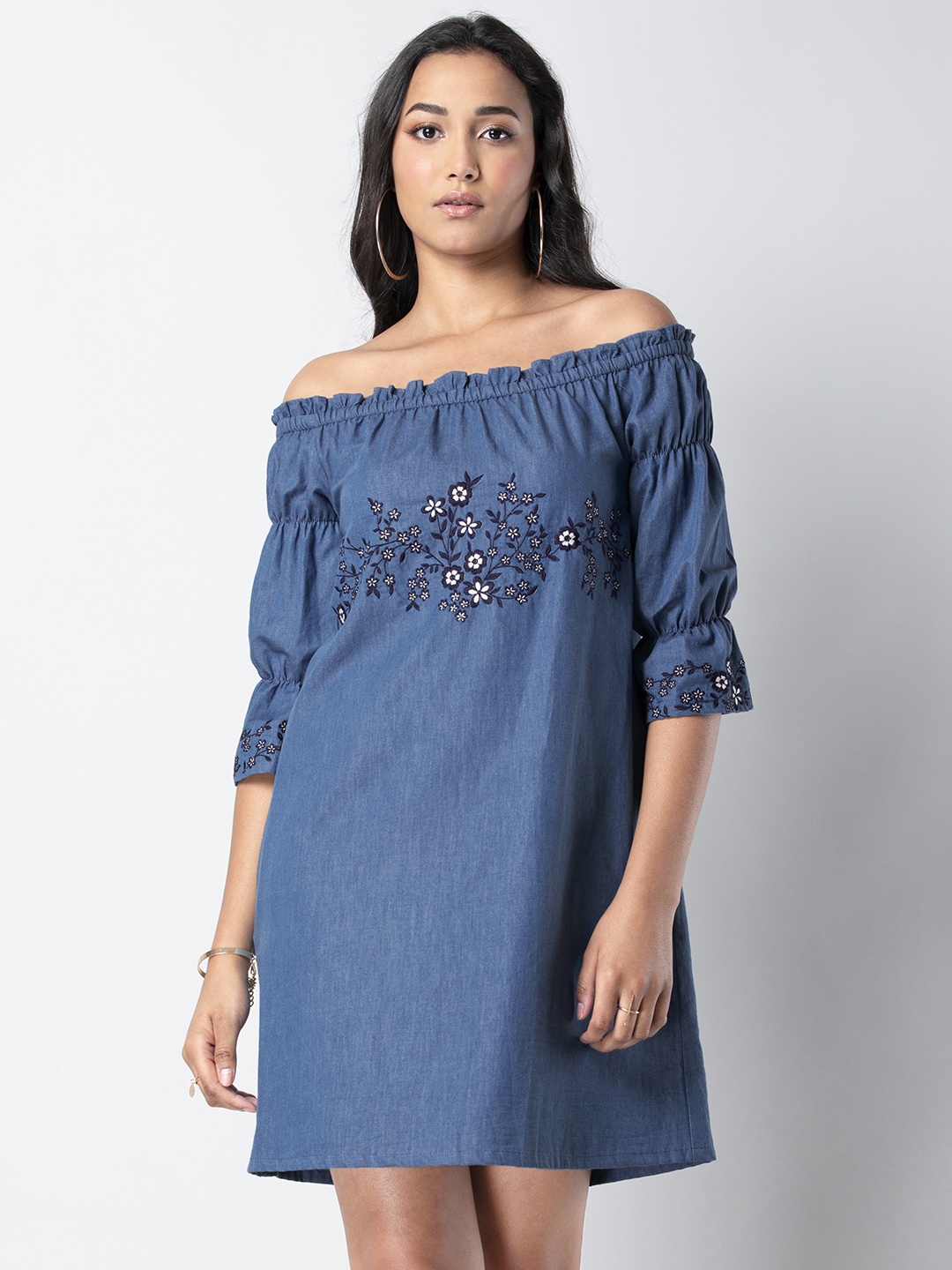 

FabAlley Women Blue Denim Embroidered A-Line Dress