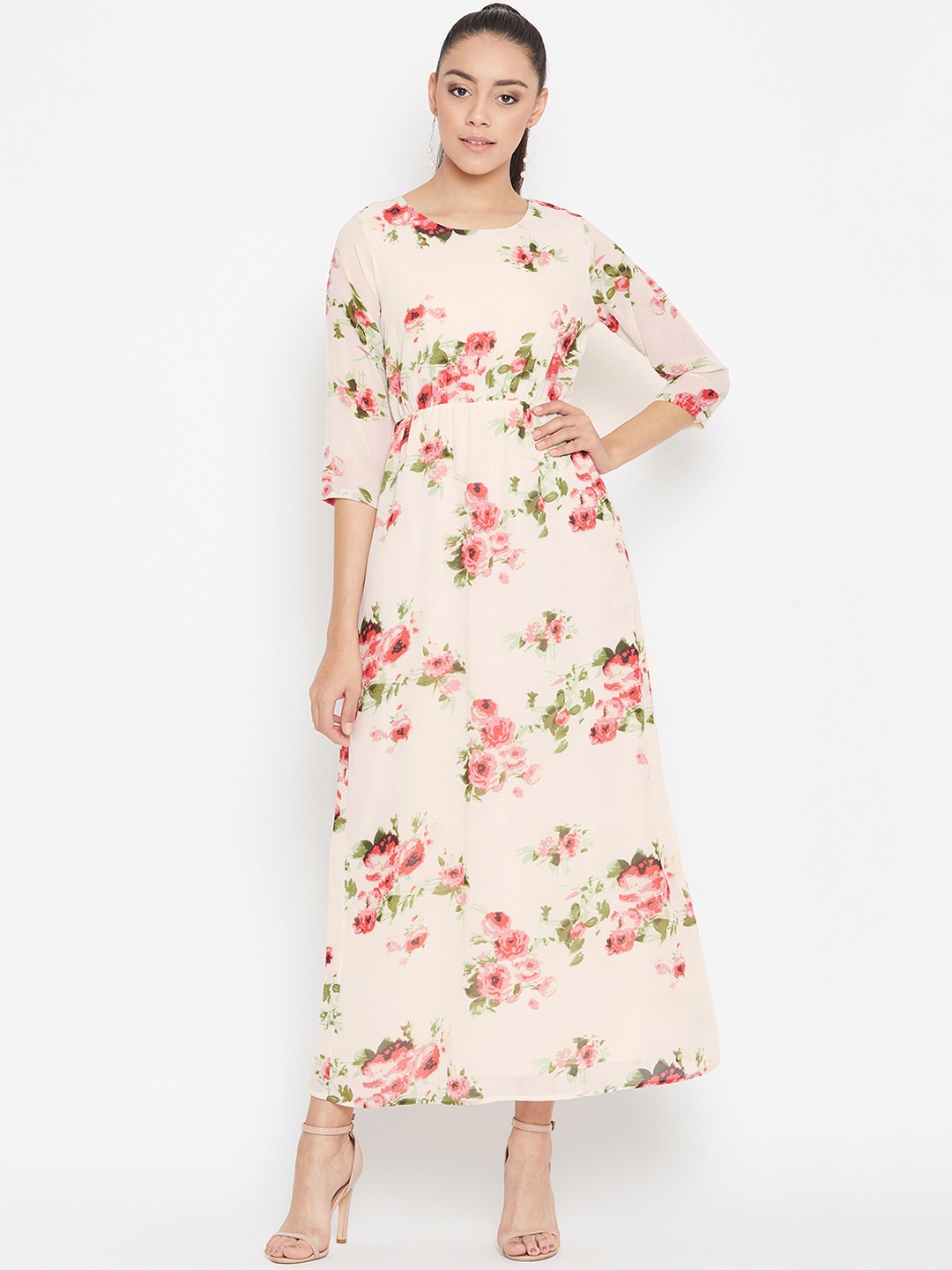 

PURYS Women Peach-Coloured & Green Floral Printed Maxi Dress