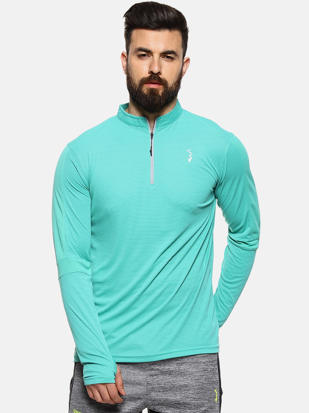 

Campus Sutra Men Sea Green Mandarin Collar T-shirt