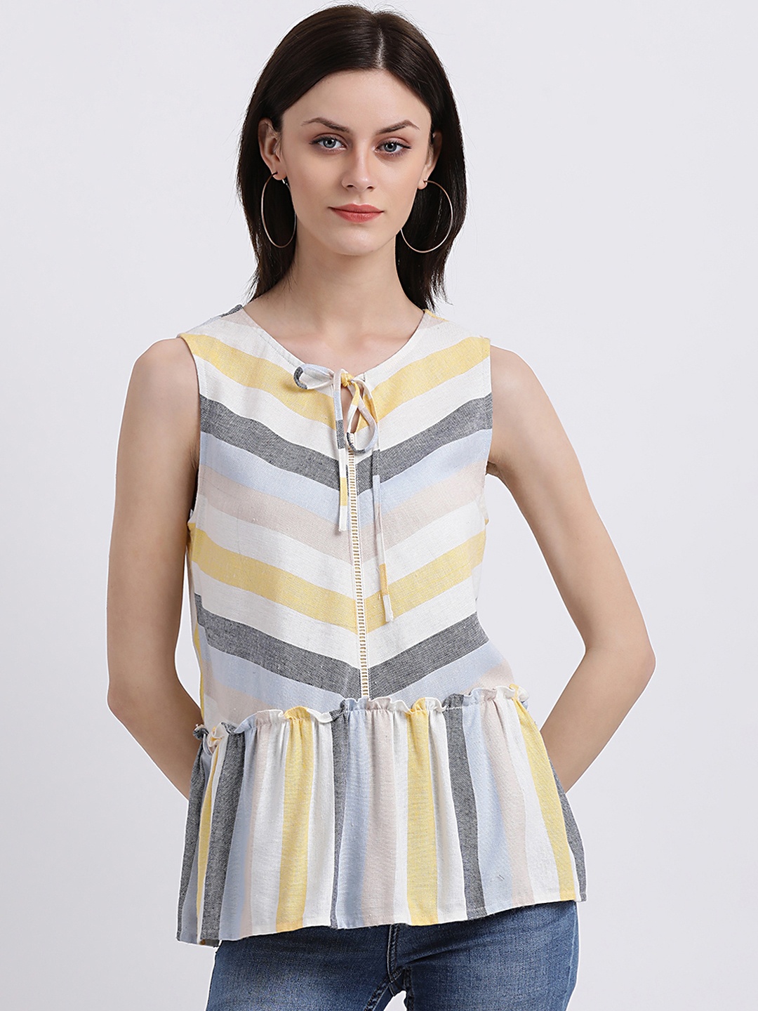 

Zink London Women White Striped Peplum Top
