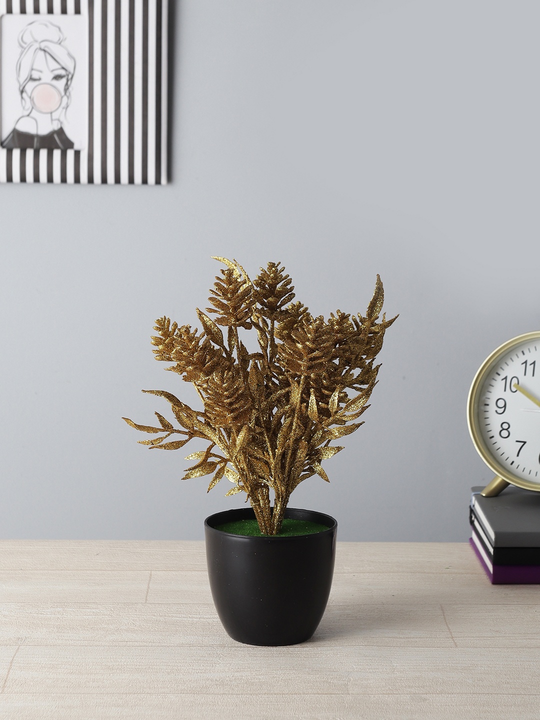 

FOLIYAJ Gold-Toned & Black Spray Painted Artificial Pine Cone Plant with Pot