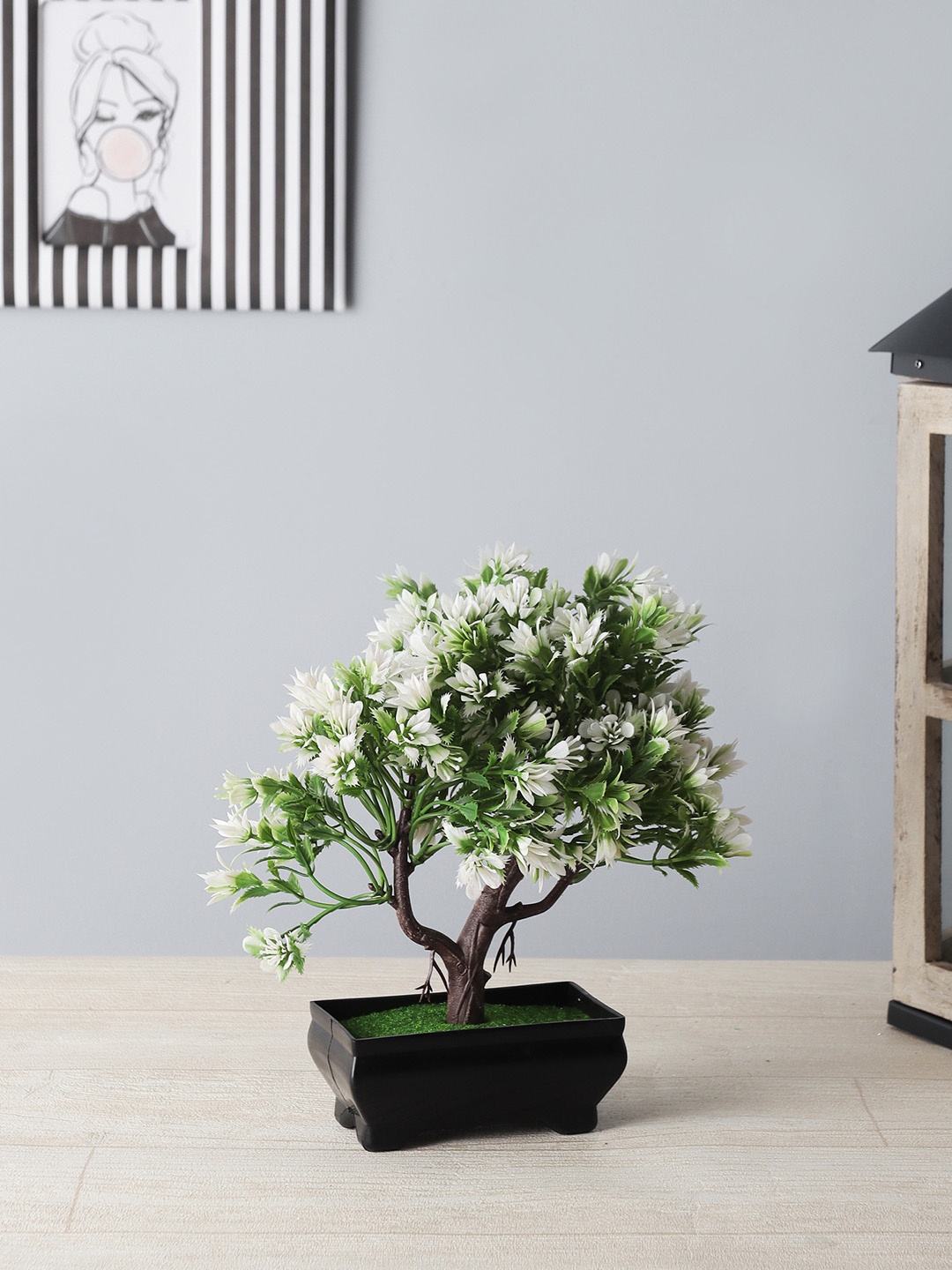 FOLIYAJ Green & White Artificial 3 Branched Bonsai Tree With Black Pot