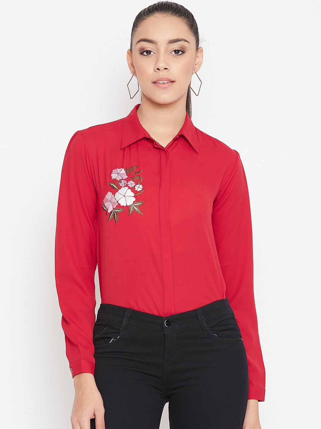 

PURYS Women Red Smart Regular Fit Embroidered Casual Shirt