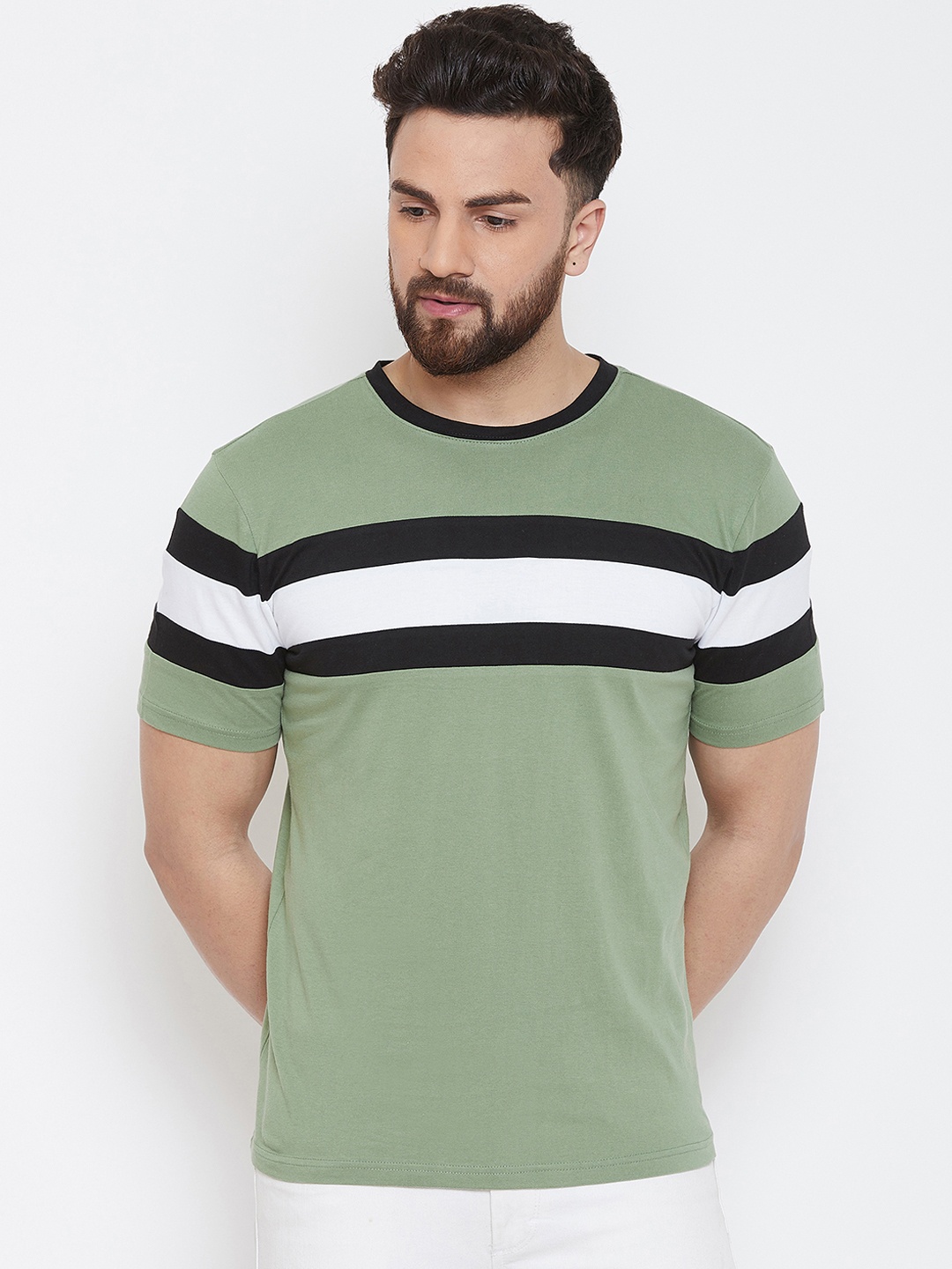 

GRITSTONES Men Olive Green Striped Round Neck T-shirt