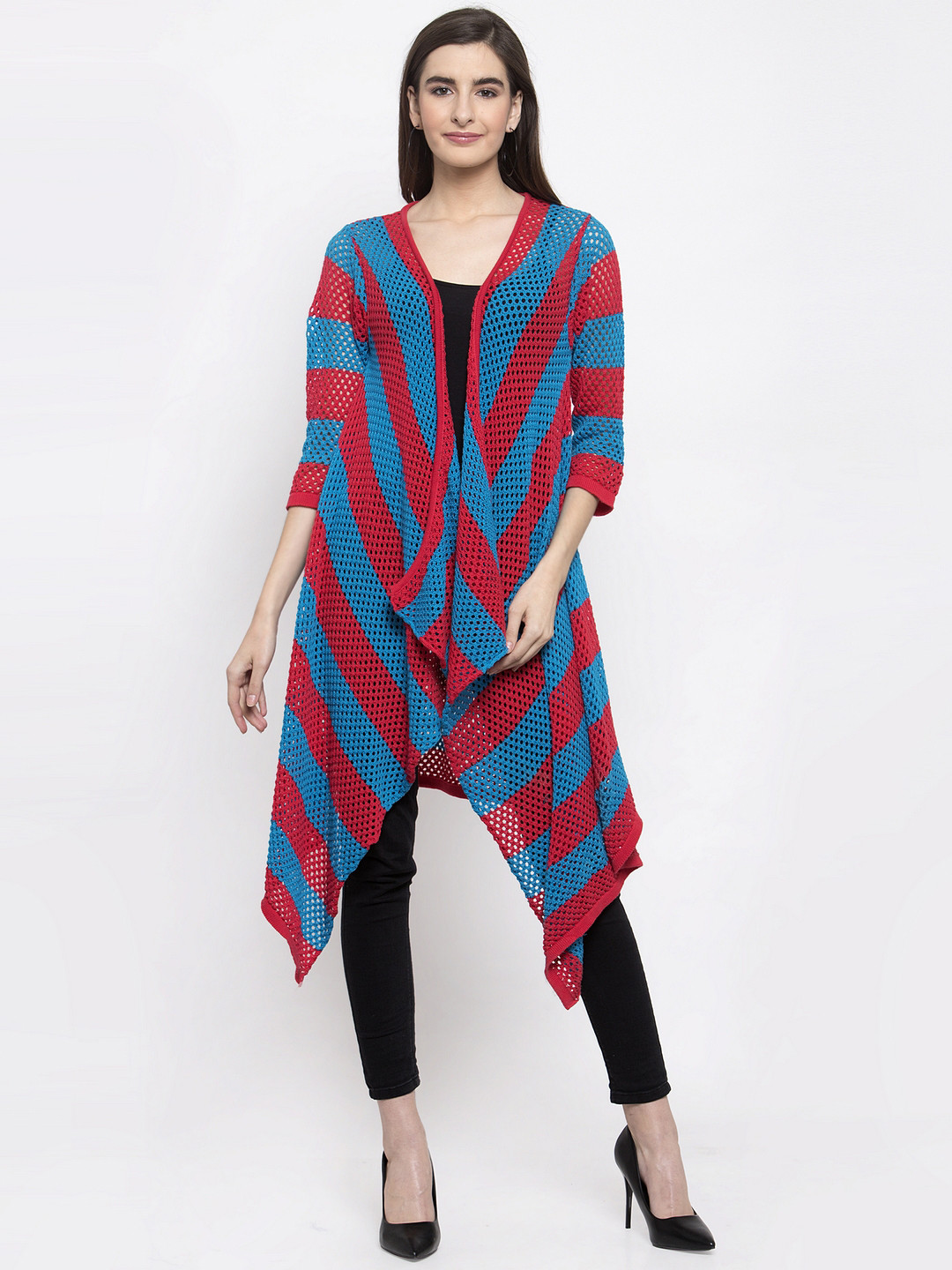 

Kalt Women Red & Blue Self Design Open Front Shrug