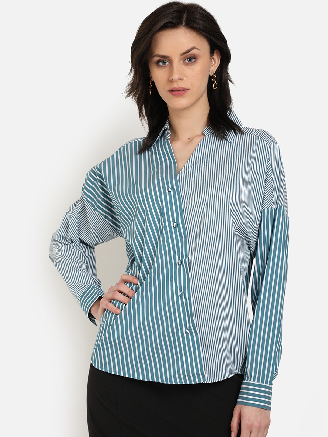 

COVER STORY Women Green Striped Shirt Style Top