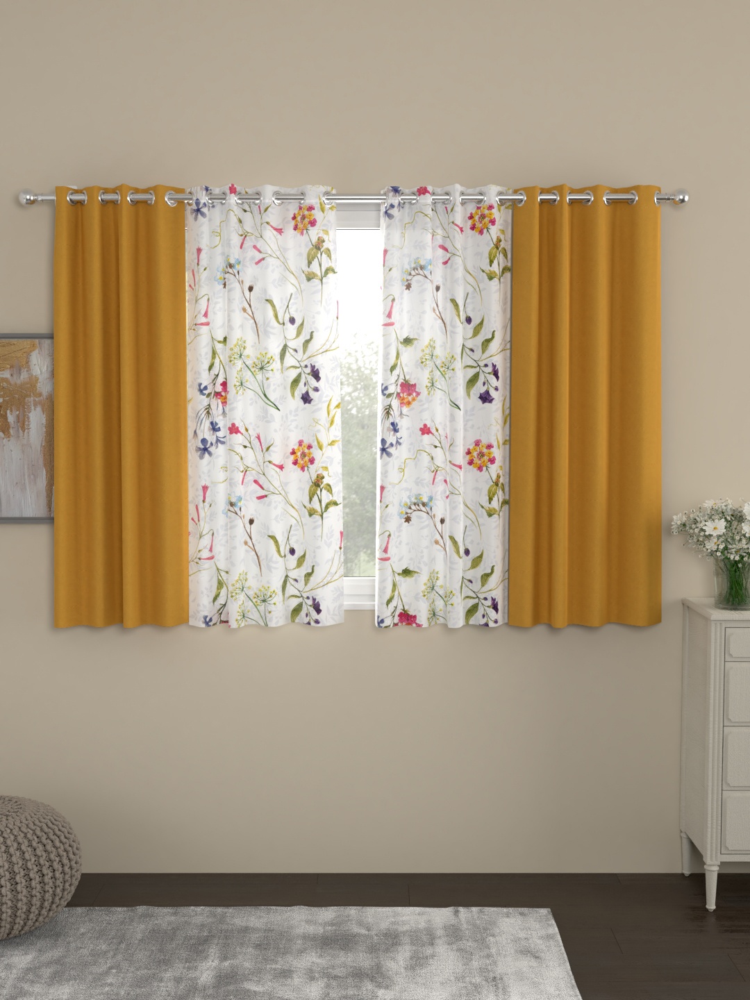 

ROSARA HOME Mustard & White Set of 4 Window Curtains