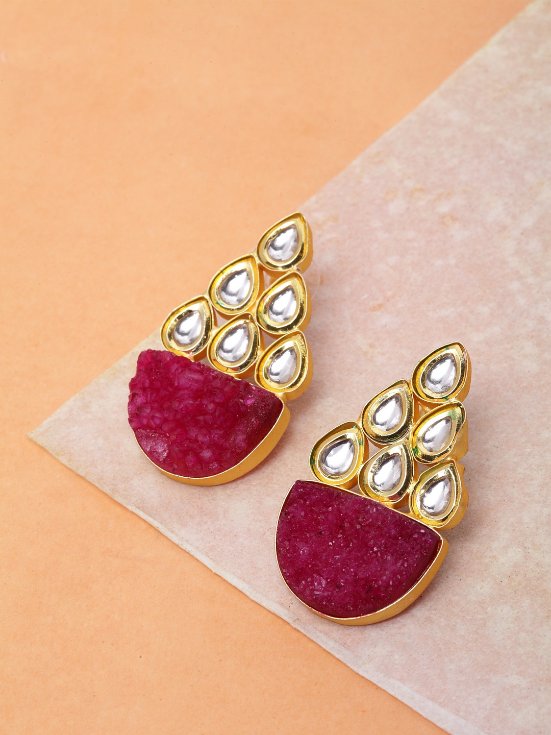 

Infuzze Magenta & Gold-Toned Brass-Plated Stone-Studded Handcrafted Drop Earrings