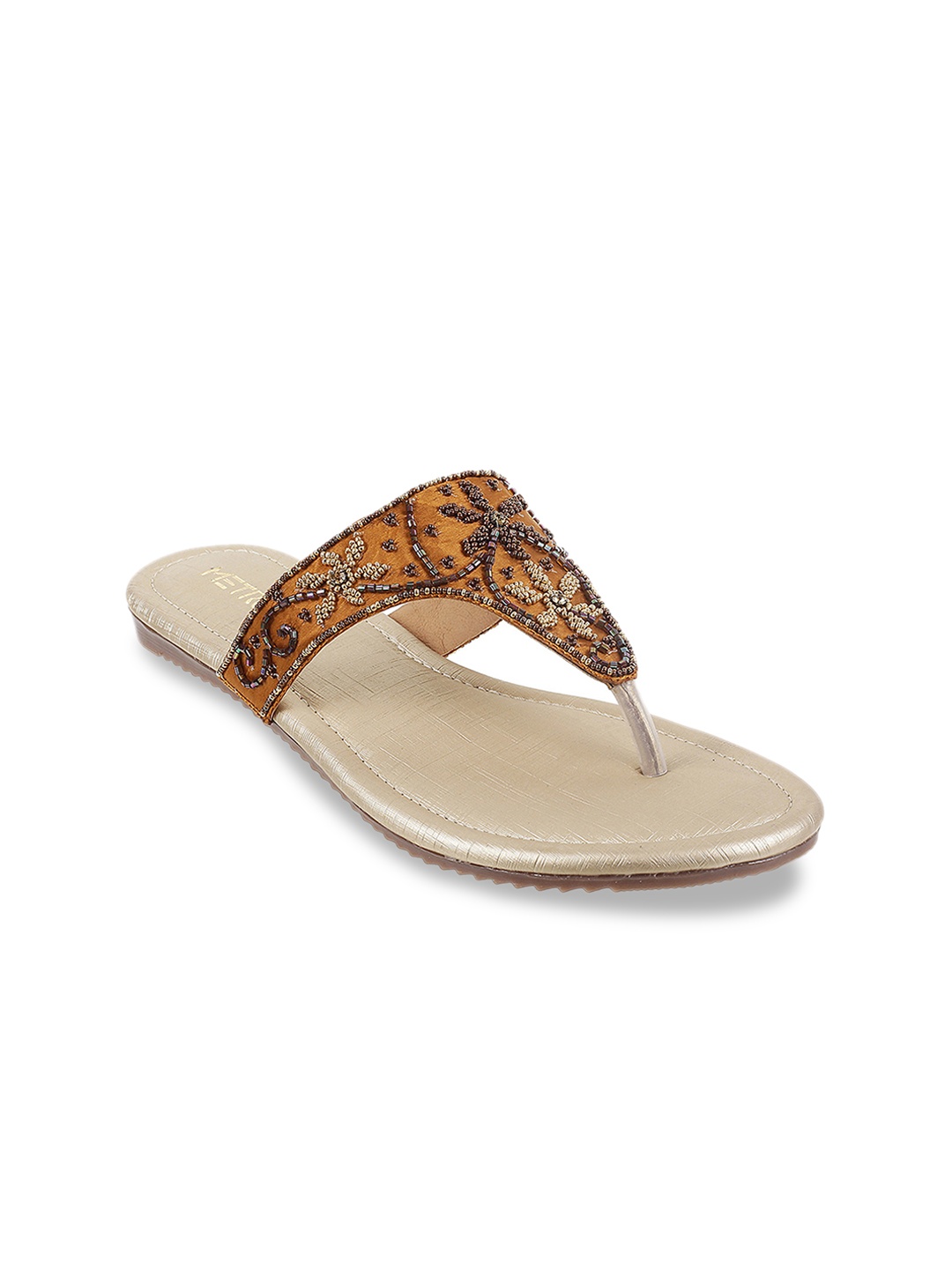 

Metro Women Brown Embellished T-Strap Flats