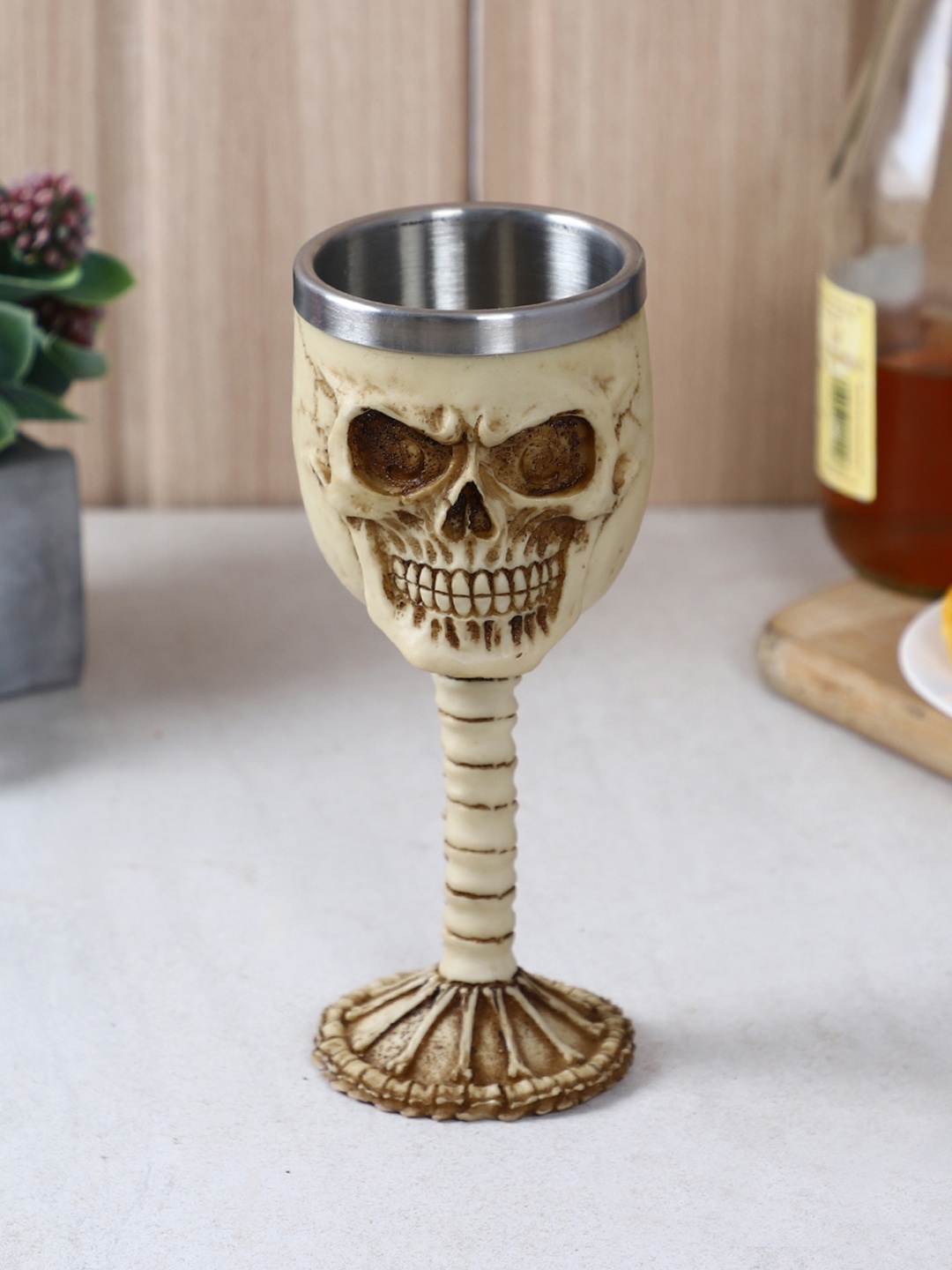 

TIED RIBBONS Steel-Toned & Beige Printed Skull Skeleton Shape Wine Glass