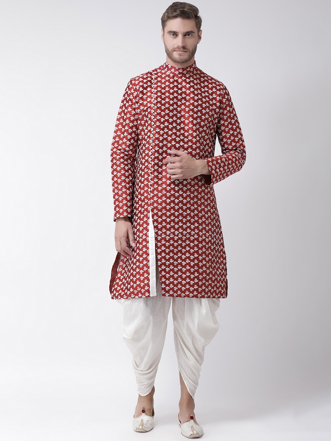 DEYANN Men Red & Off-White Printed Kurta with Patiala
