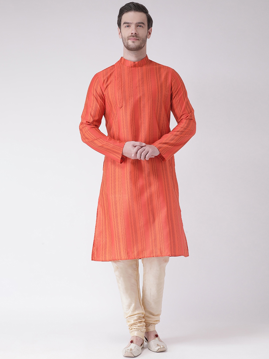 

DEYANN Men Orange & Beige Woven Design Straight Kurta