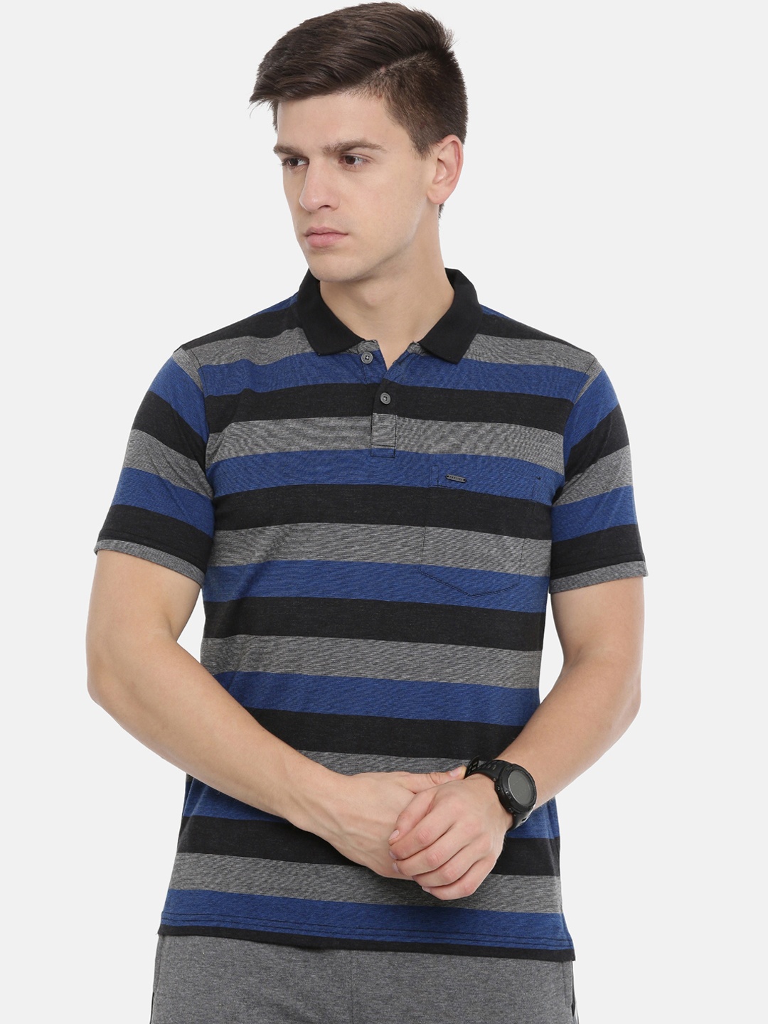 

Proline Men Blue Striped Polo Collar T-shirt