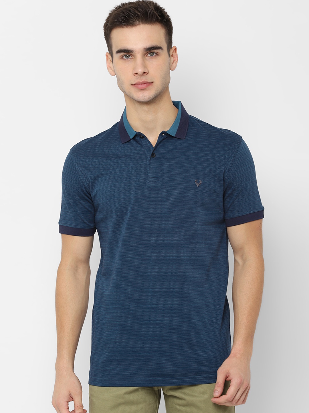 

Allen Solly Men Blue Self Design Polo Collar Pure Cotton T-shirt