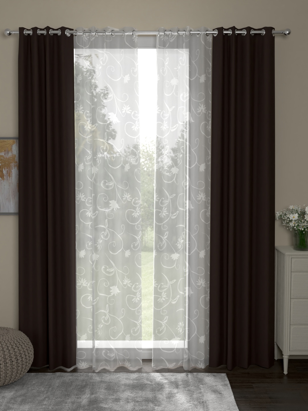 

ROSARA HOME Brown & White Set of 4 Door Curtains