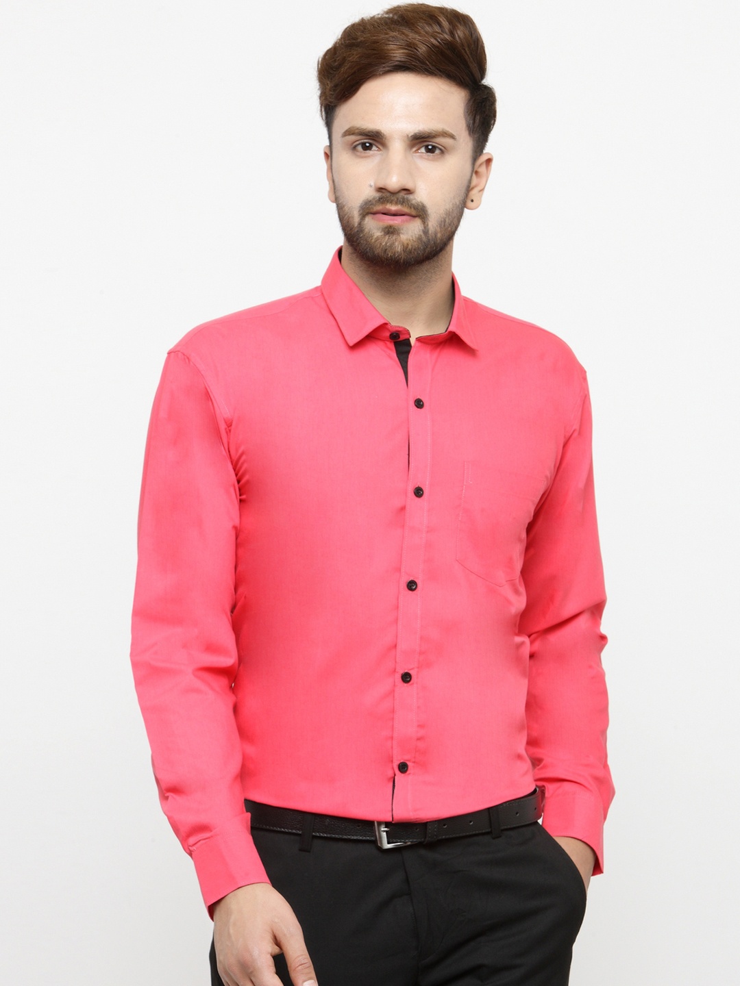 JAINISH Men Coral Pink Classic Regular Fit Solid Formal Shirt