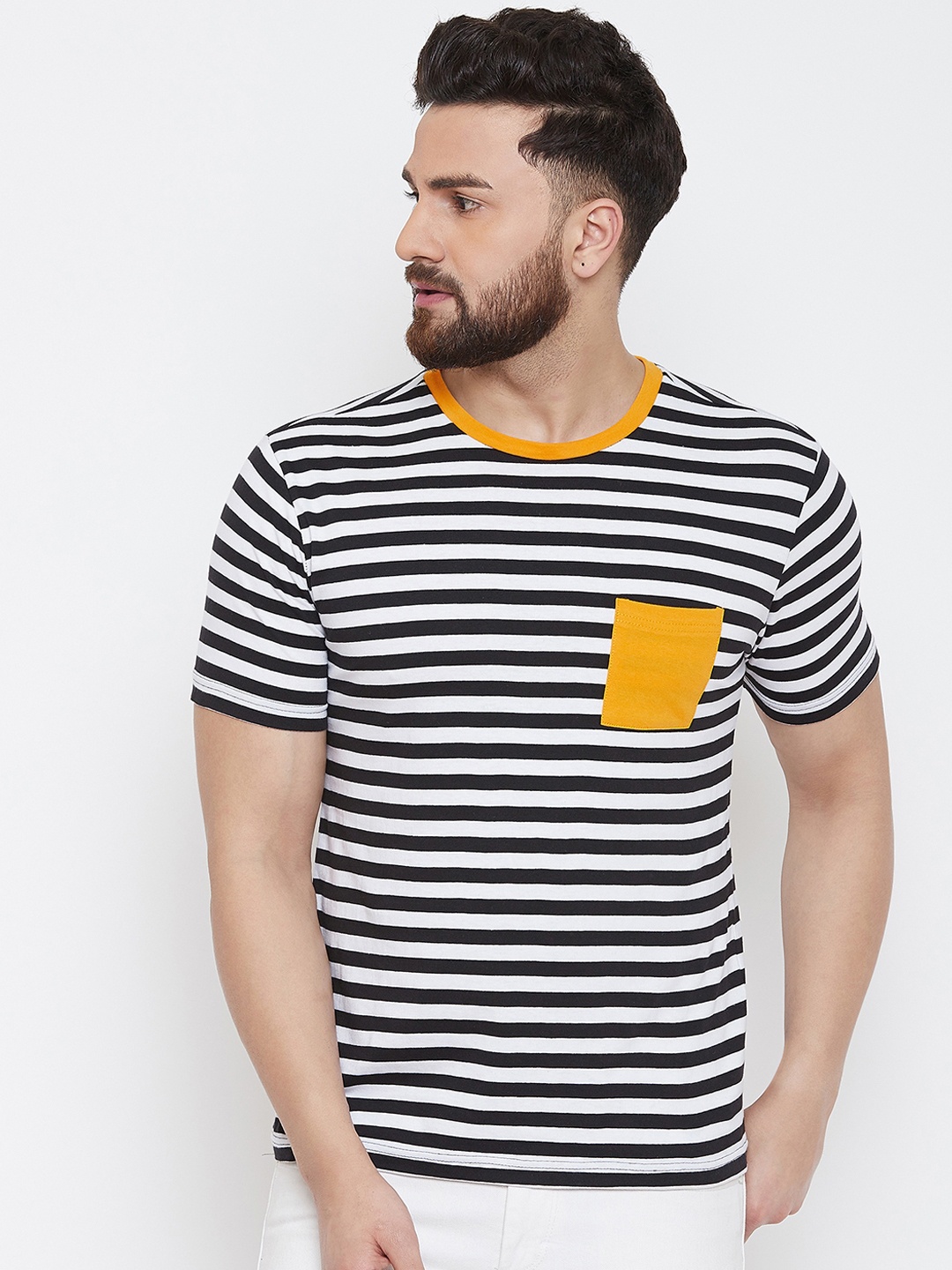 

GRITSTONES Men Black Striped Round Neck T-shirt
