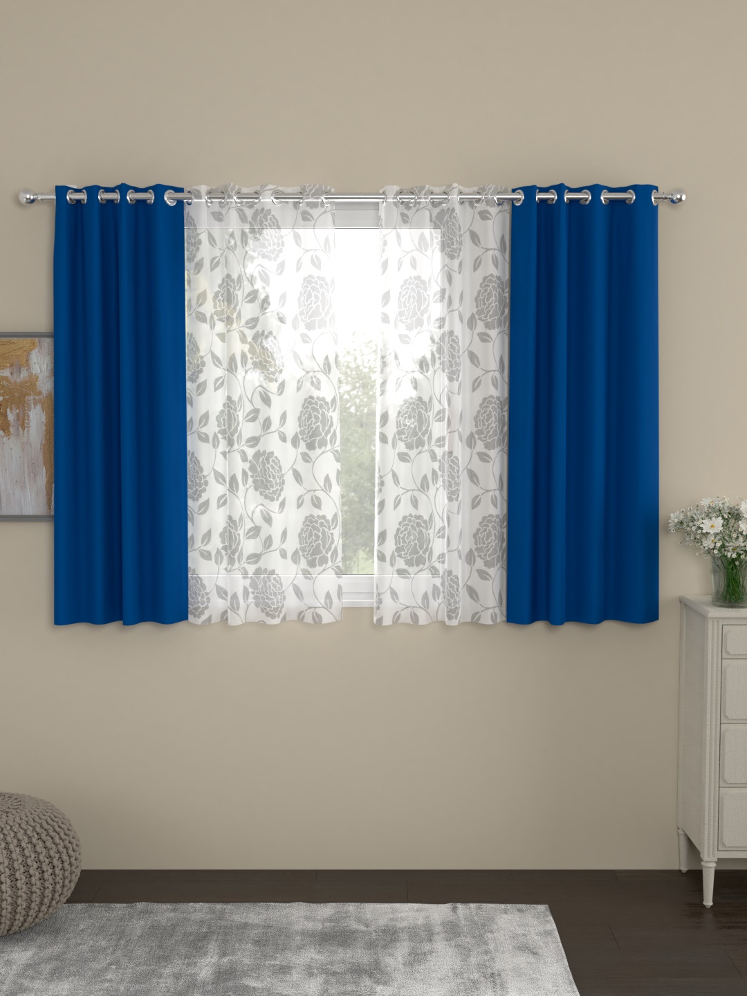 ROSARA HOME Set of 4 Blue & White Window Curtains