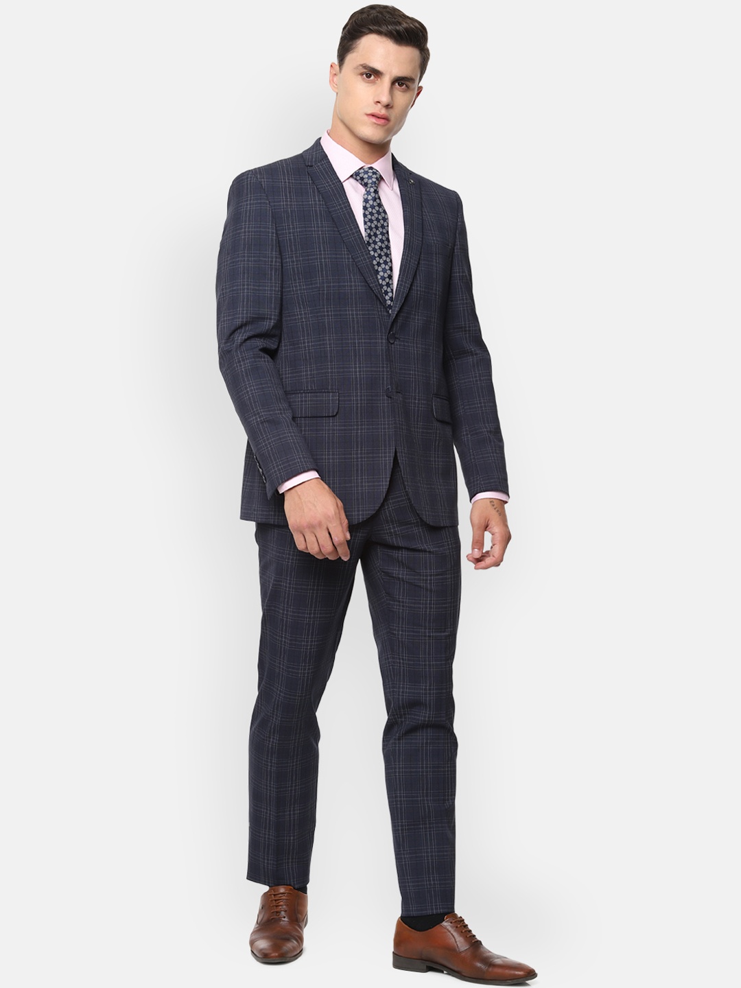

Van Heusen Men Navy Blue Checked Slim-Fit Single-Breasted Formal Suit
