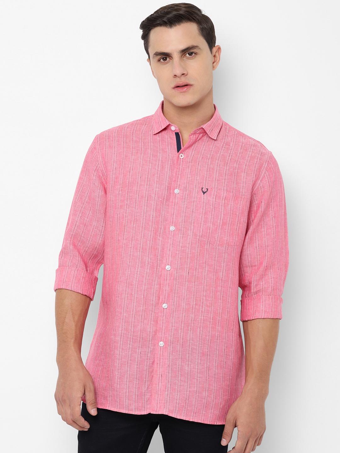 Allen Solly Men Pink Sport Slim Fit Striped Pure Linen Casual Shirt
