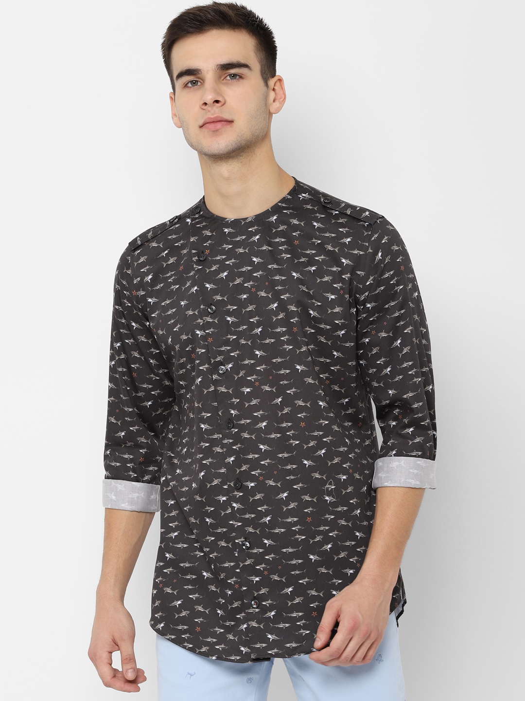 

SIMON CARTER LONDON Men Charcoal Slim Fit Printed Casual Shirt