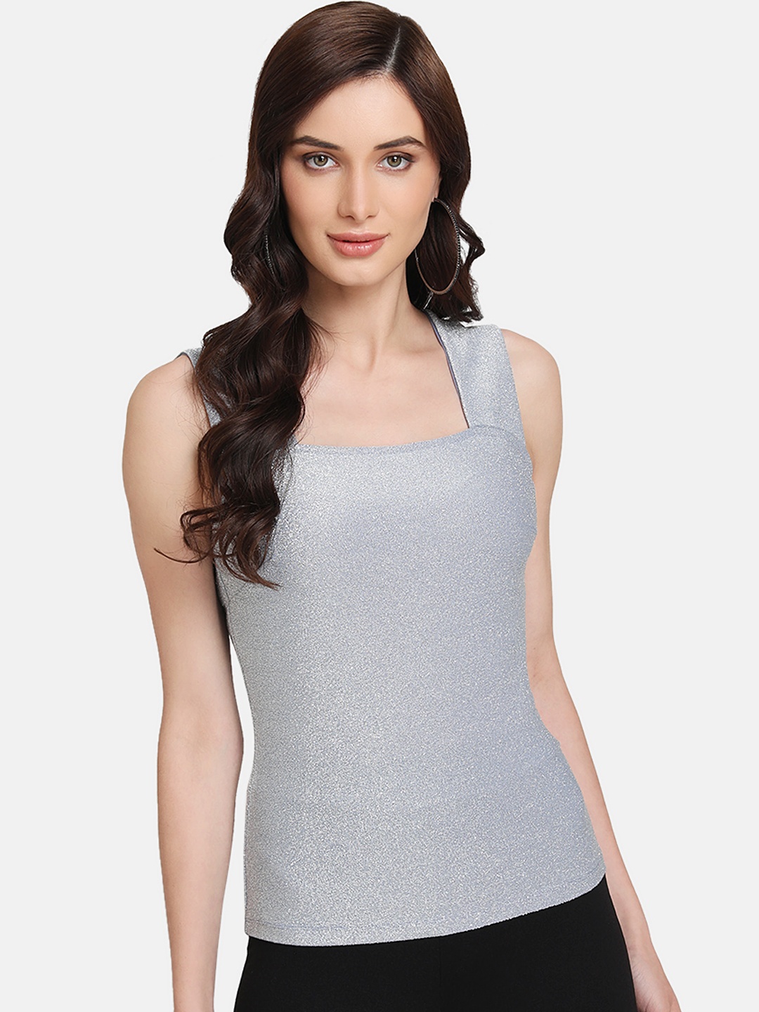 

Kazo Women Grey Embellished Fitted Top