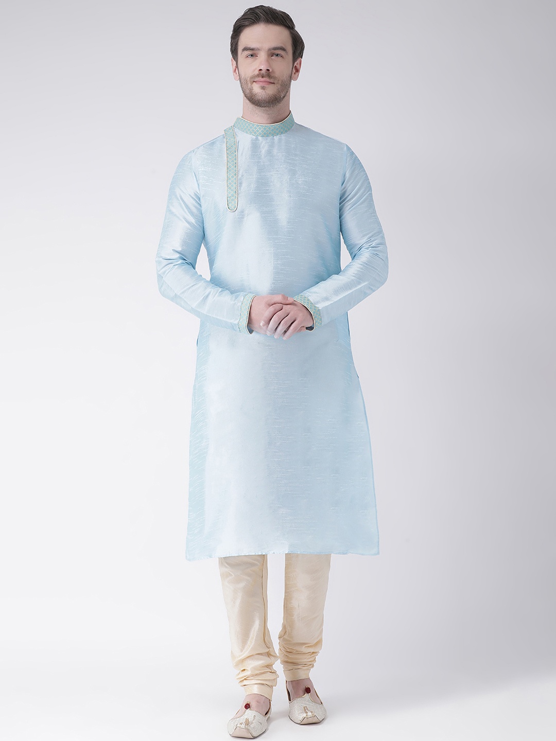 

DEYANN Men Blue & Cream-Coloured Self Design Kurta with Churidar