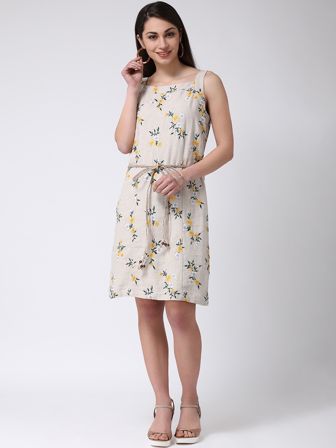 

Latin Quarters Women Beige & Yellow Floral Embroidered Sheath Dress
