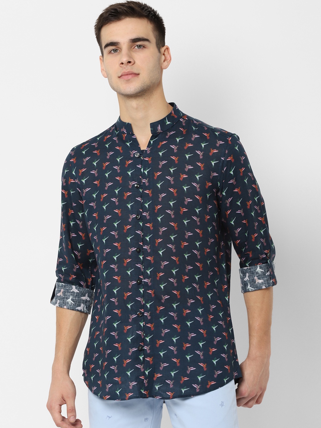 

SIMON CARTER LONDON Men Navy Blue Regular Fit Printed Linen Casual Shirt