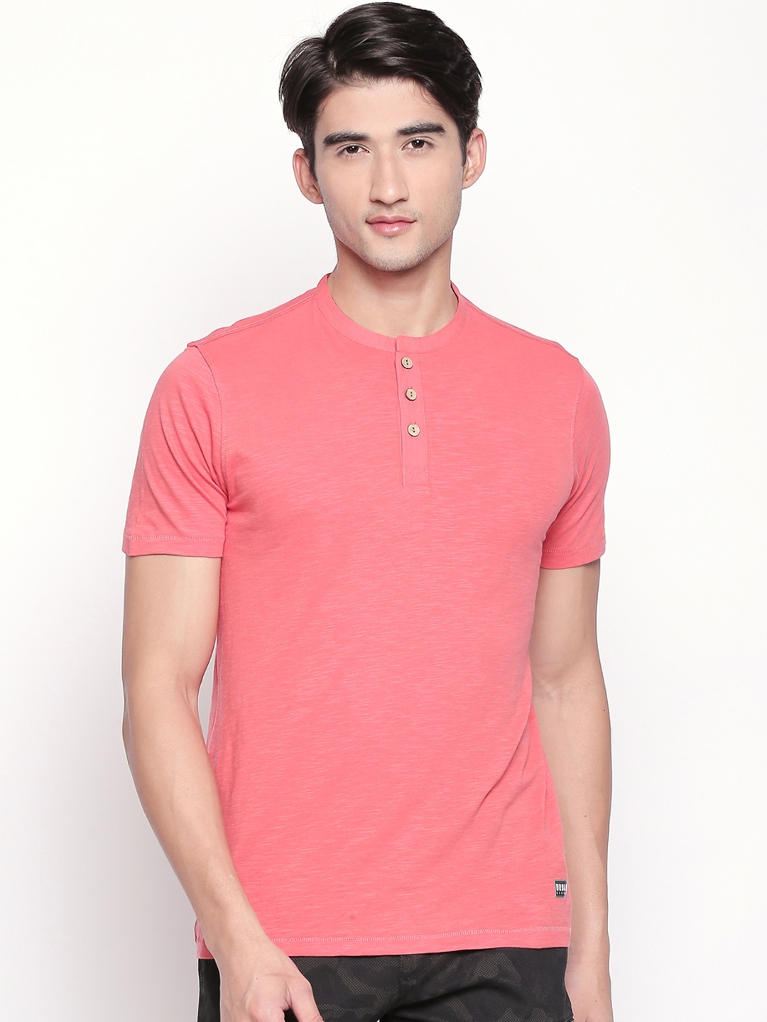 

Urban Ranger by pantaloons Men Coral Pink Solid Henley Neck Pure Cotton T-shirt